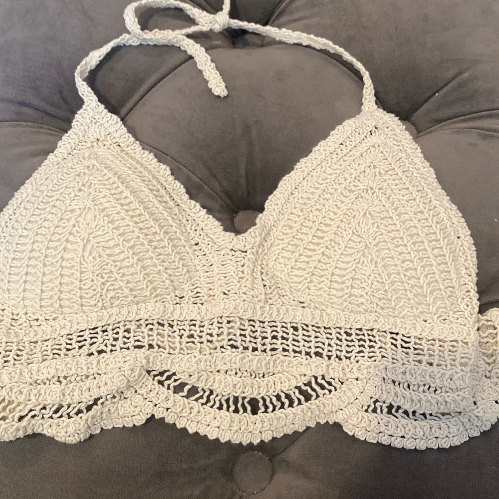 Medium, Beige, Cropped Knitted Halter Top